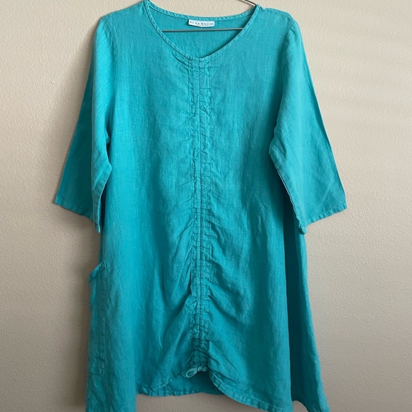 Bryn Walker 100% Linen Ruched Tie Tunic Top Lagenlook Oversized Beachy Coastal M - Picture 1 of 8